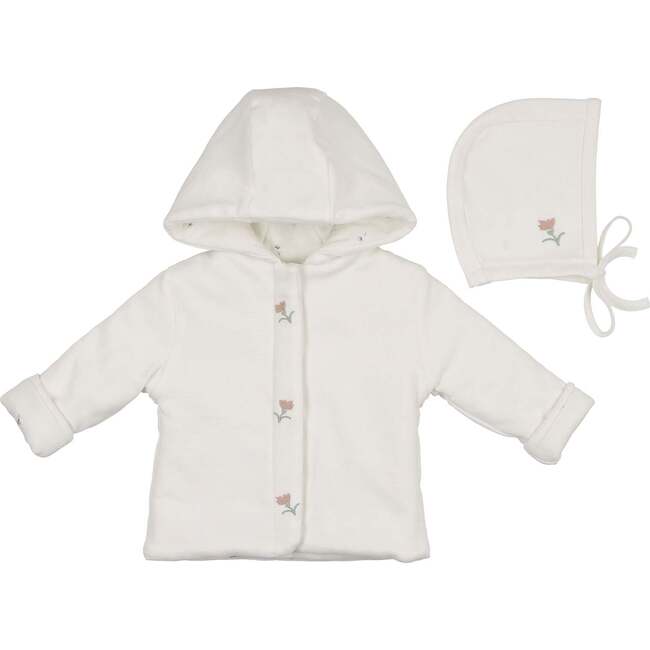 Plush Print Girls' Jacket & Hat Set Ivory & Pink