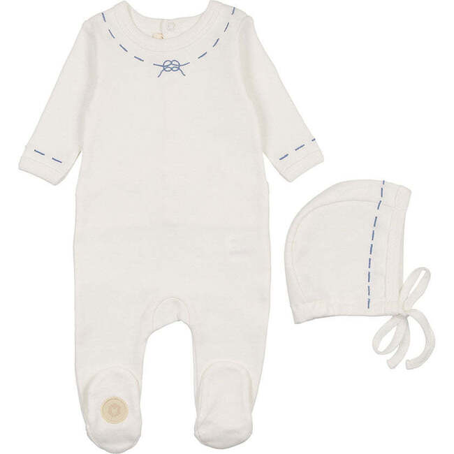 Soft Stitches Footie & Hat Set, Boys Ivory & Blue