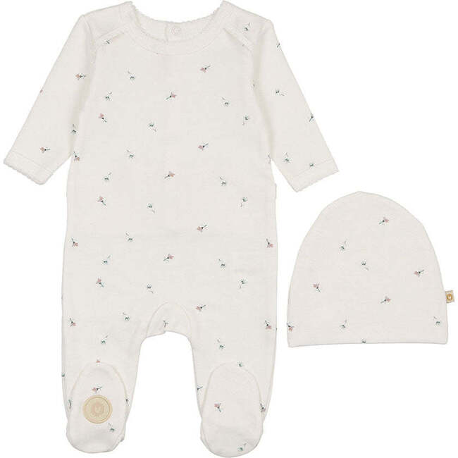 Plush Print Footie & Hat Set, Girls Ivory & Pink