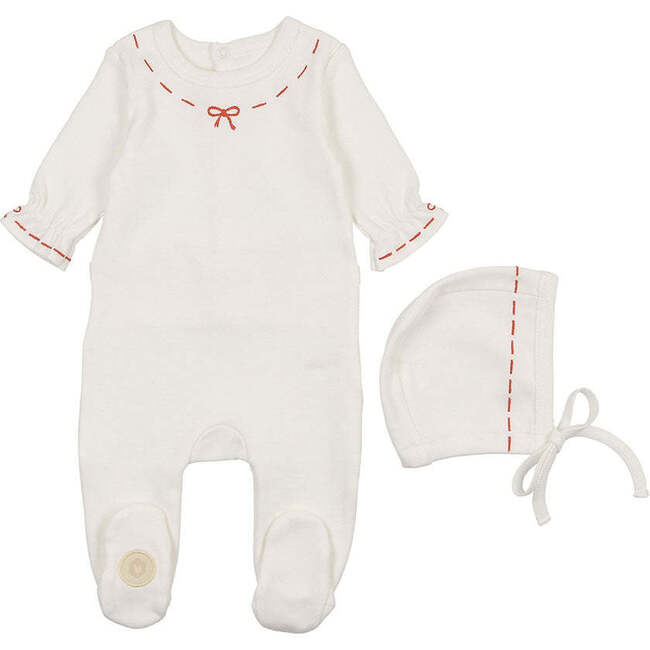 Soft Stitches Footie & Hat Set, Girls Ivory & Red