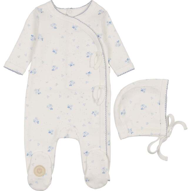 Scattered Blossoms Footie & Hat Set Ivory & Blue