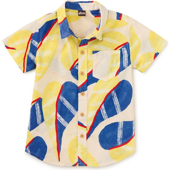 Printed Button Up Woven Shirt, Oversized Tropical Leaf
