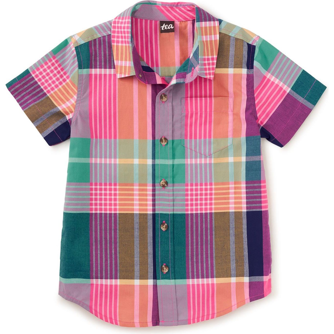 Plaid Button Up Woven Shirt, Carnival Rainbow Plaid - Button Downs - 1