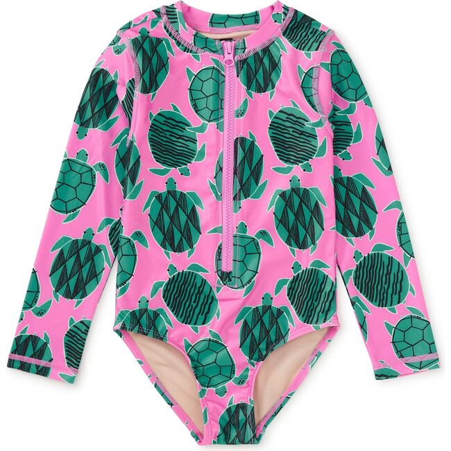 Long Sleeve One-Piece Swimsuit, Tiled Turtles