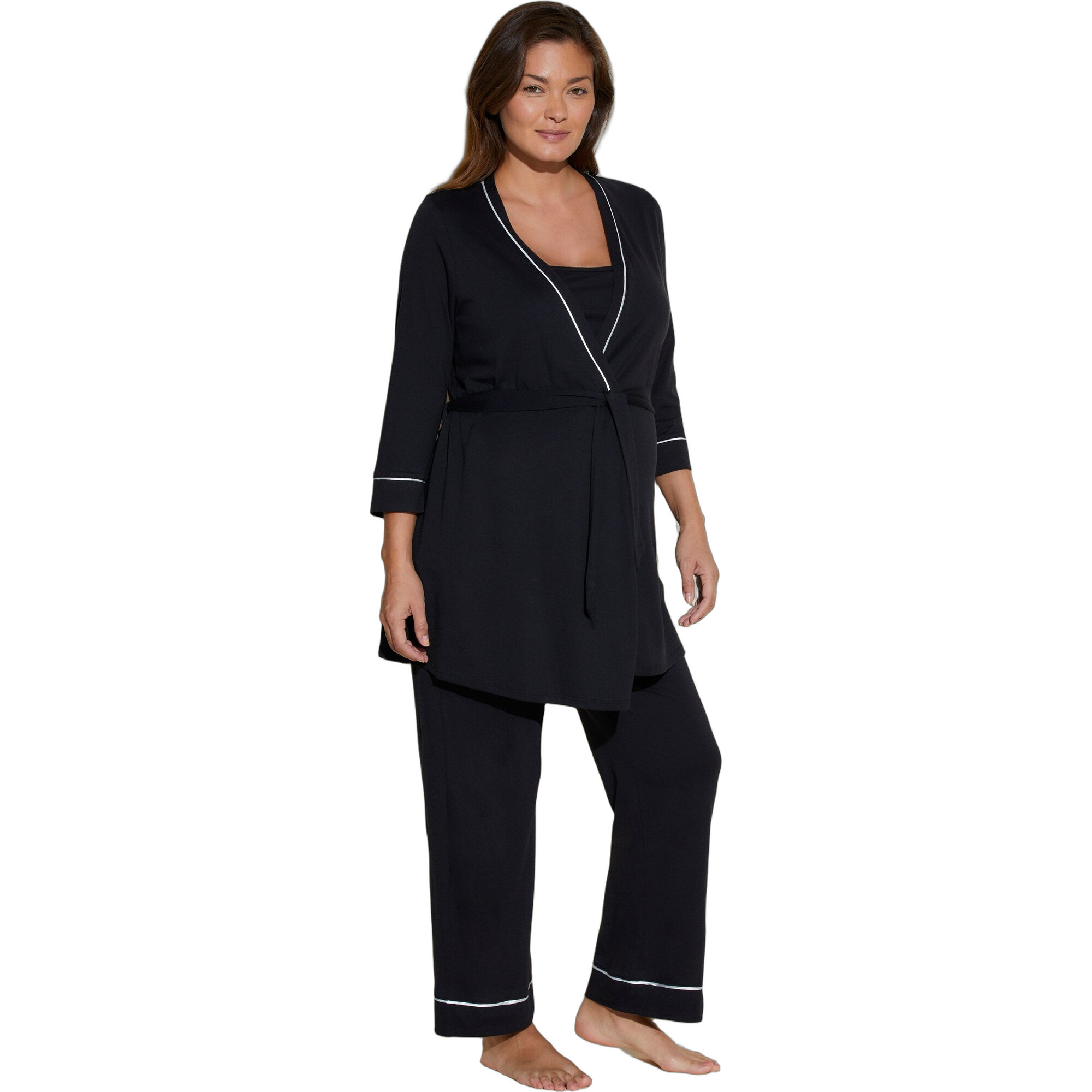 Nursing 3 Piece Pajama Set With Robe Black/Ivory - Robes - 1