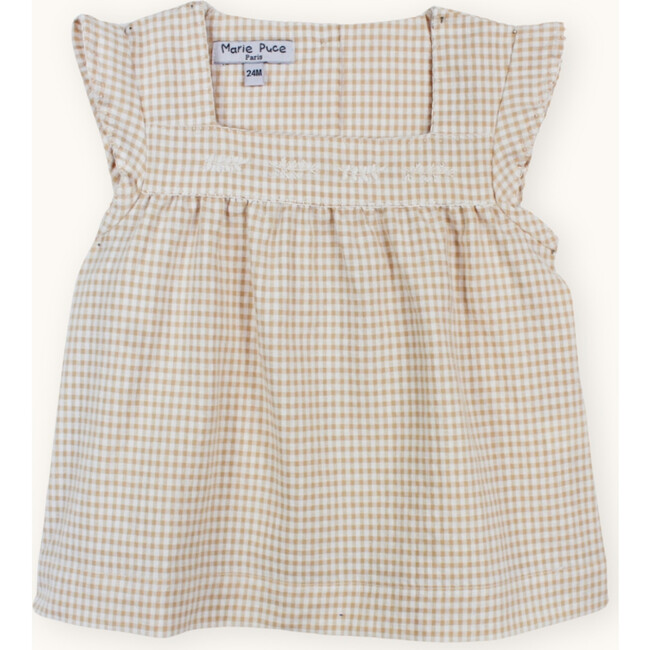 Olivia Hand-Embroidered Blouse, Beige Gingham