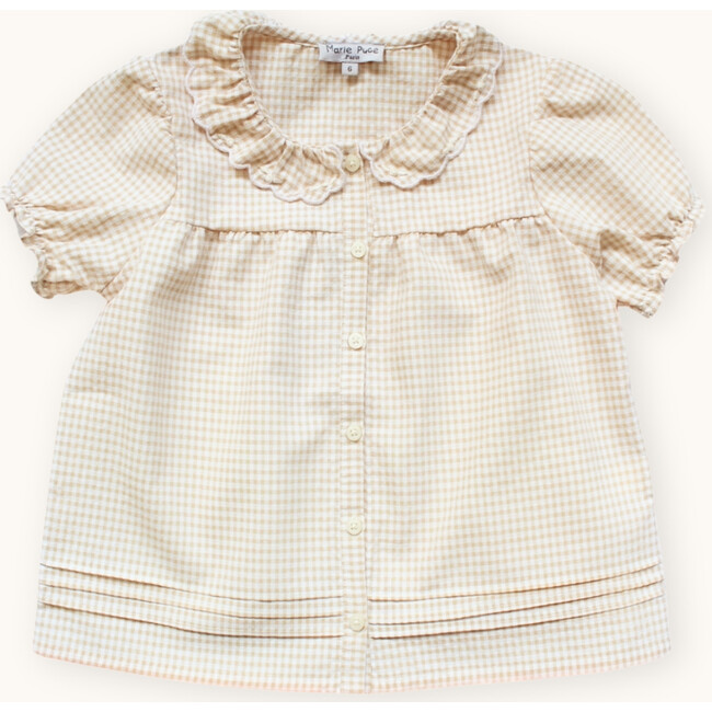 Michelle Blouse With Embroidered Scalloped Collar, Beige Gingham