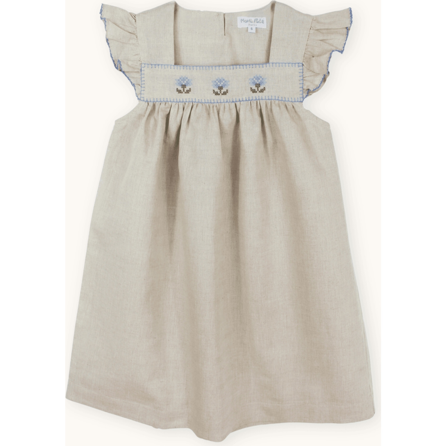 Marie Dress With Cross-Stitch Embroidery, Beige - Dresses - 1