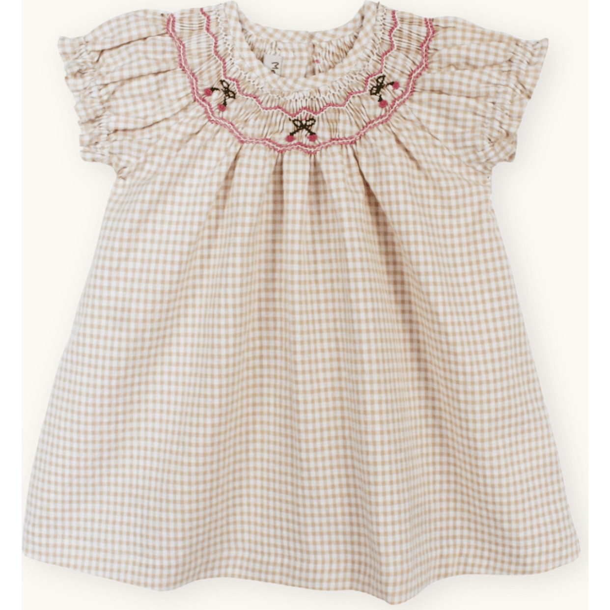 Cherry Smocked Hand-Embroidered Baby Dress, Beige Gingham - Dresses - 1