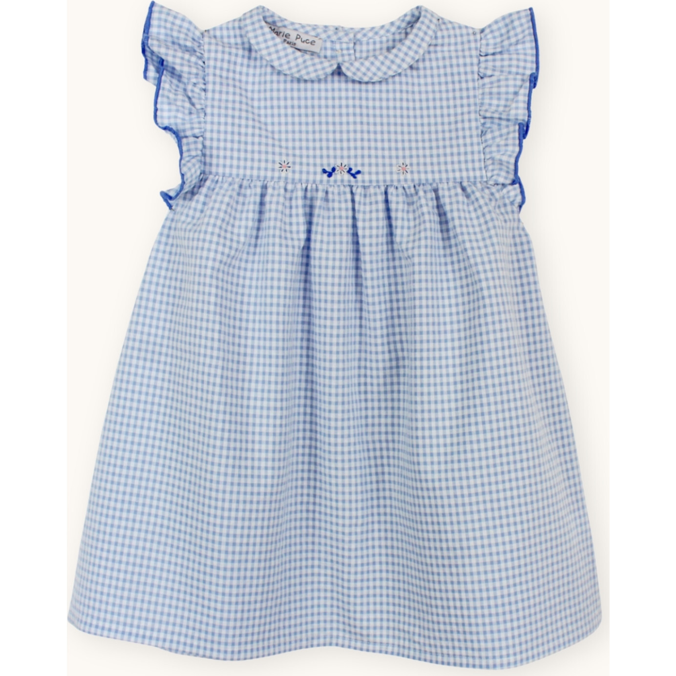 Bianca Hand-Embroidered Baby Dress, Blue Gingham - Dresses - 1