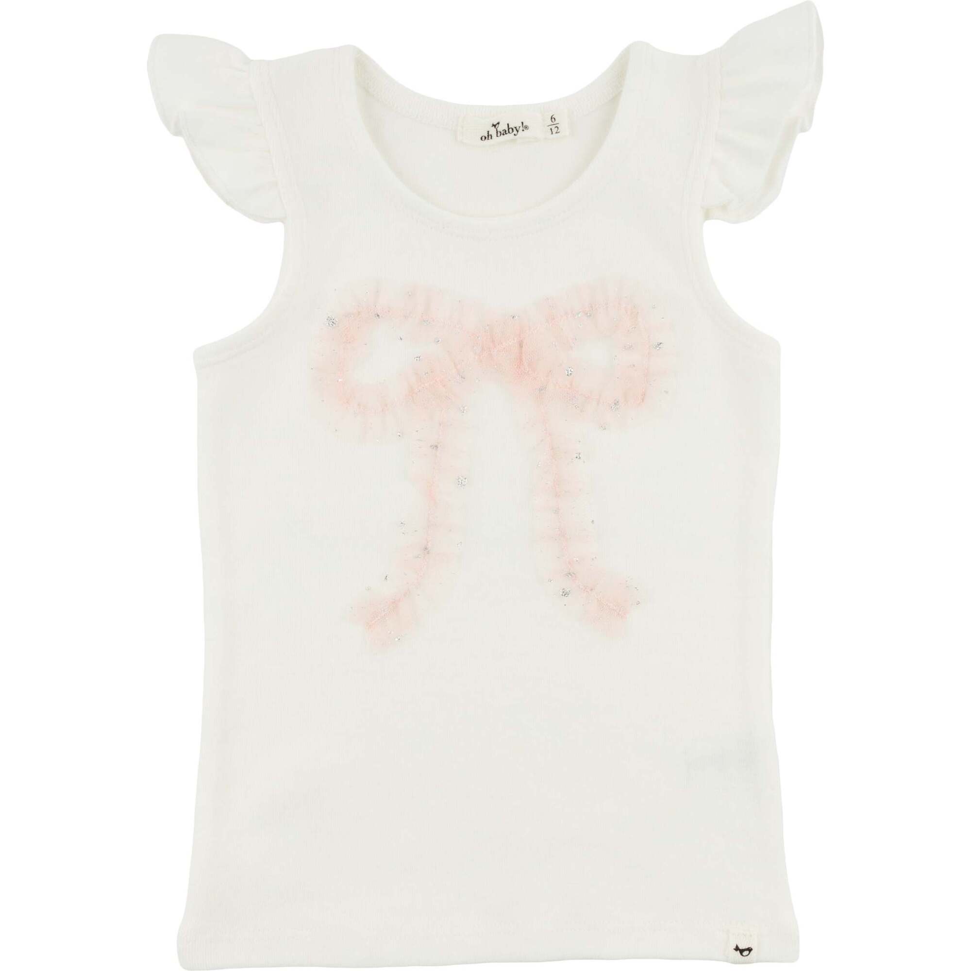 Ruffle Bow Pink Silver-Fleck Tulle Flutter Tank, Cream - Tank Tops - 1