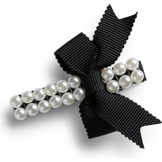 Molly Double Strand Pearl Grosgrain Bow Clip, Black