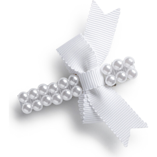 Molly Double Strand Pearl Grosgrain Bow Clip, White