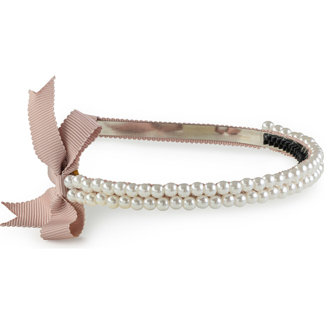 Molly Double Strand Pearl Grosgrain Bow Headband, Mocha