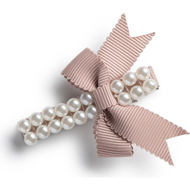 Molly Double Strand Pearl Grosgrain Bow Clip, Mocha