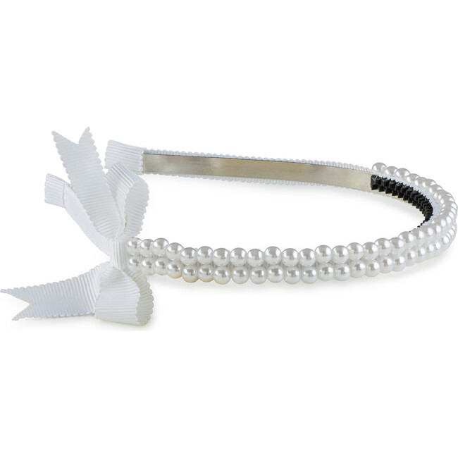 Molly Double Strand Pearl Grosgrain Bow Headband, White