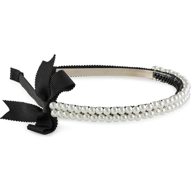 Molly Double Strand Pearl Grosgrain Bow Headband, Black
