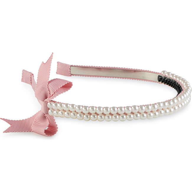 Molly Double Strand Pearl Grosgrain Bow Headband, Mauve