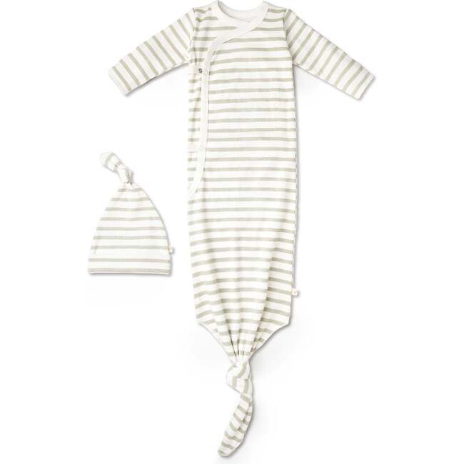 Organic Kimono Knotted Sleep Gown, Sage Stripes