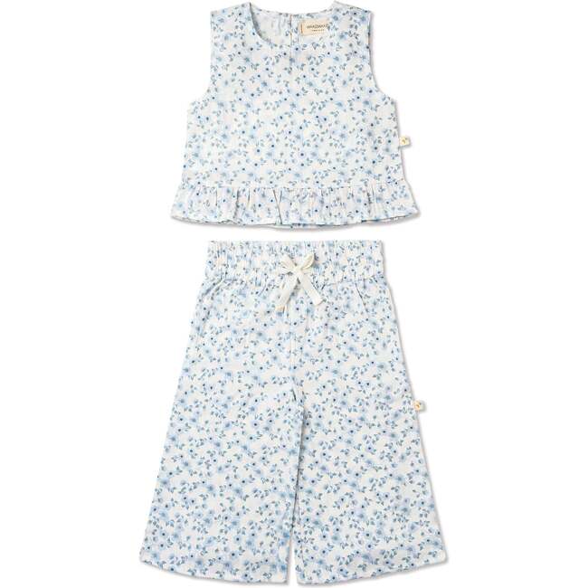 Organic Ruffle Top & Pants Set, Blue Vines