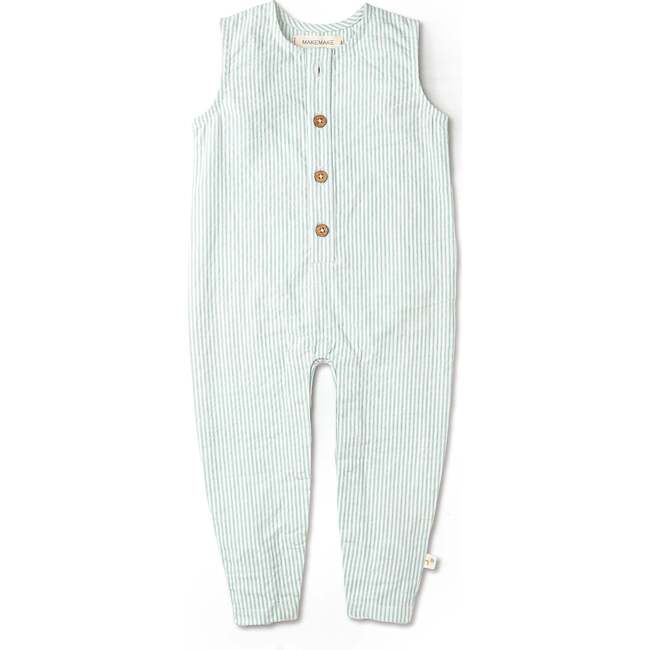 Organic Sleeveless Full Romper, Green Stripes