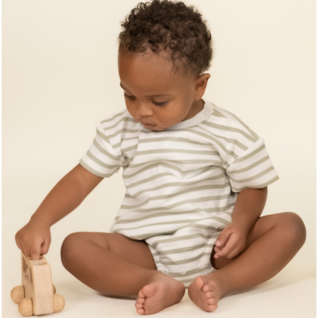 Organic Short Sleeve Bubble Romper, Sage Stripes - Rompers - 2