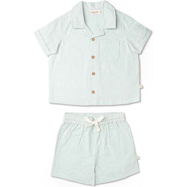 Organic Shirt & Shorts Set, Green Stripes