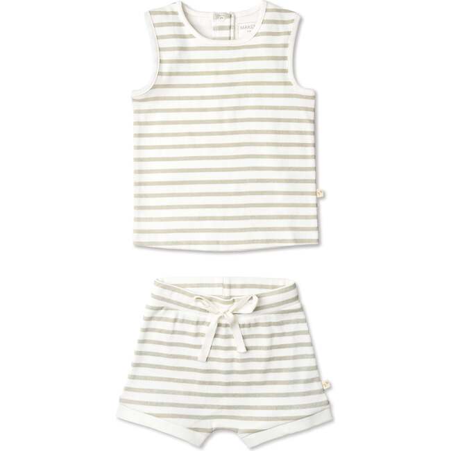 Organic Tank & Tee Shorts Set, Sage Stripes