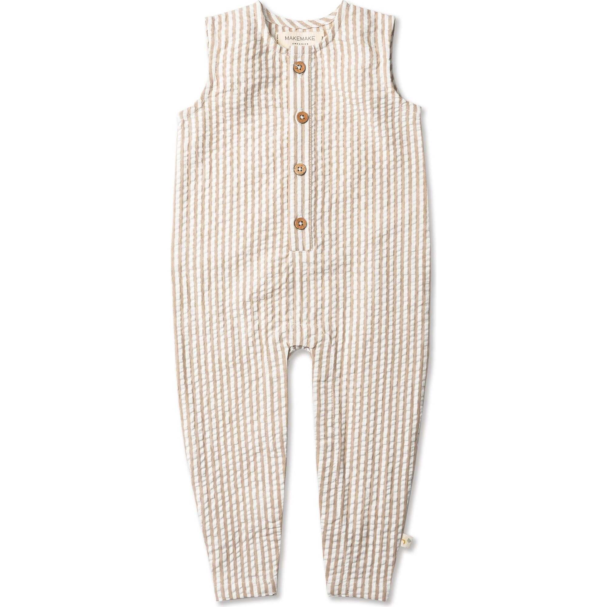 Organic Sleeveless Full Romper, Brown Stripes - Rompers - 1