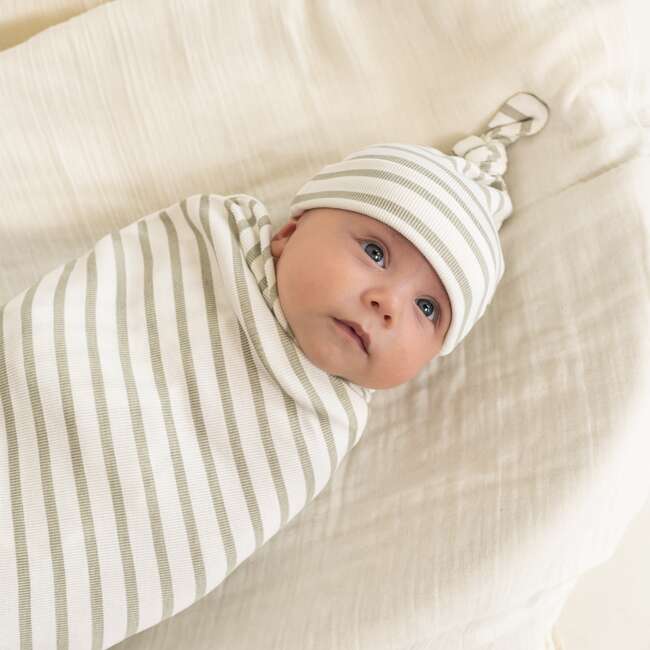 Organic Swaddle Blanket & Hat Set, Sage Stripes - Swaddles - 2
