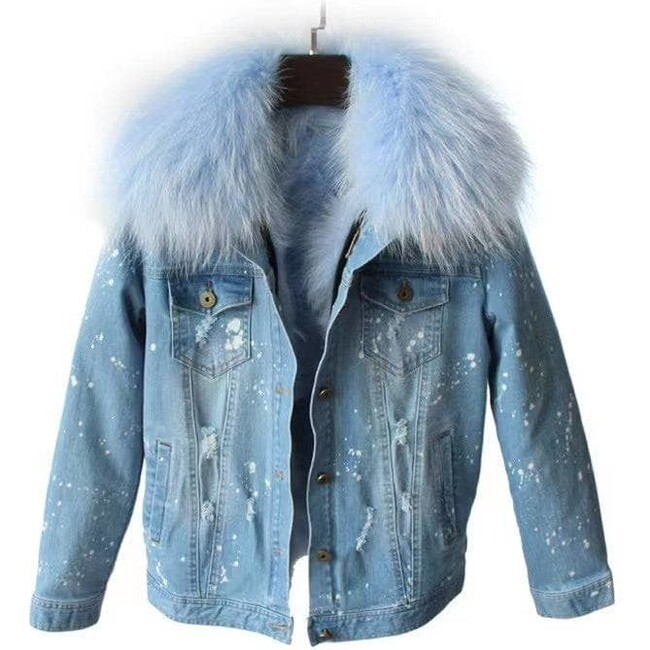 Women’s Ombre Fur Denim Jacket Baby Blue - Jackets - 1
