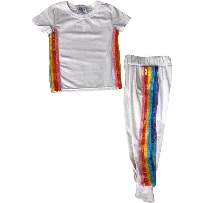 Women's White Rainbow Sequin Jogger Set - Mixed Apparel Set - 4