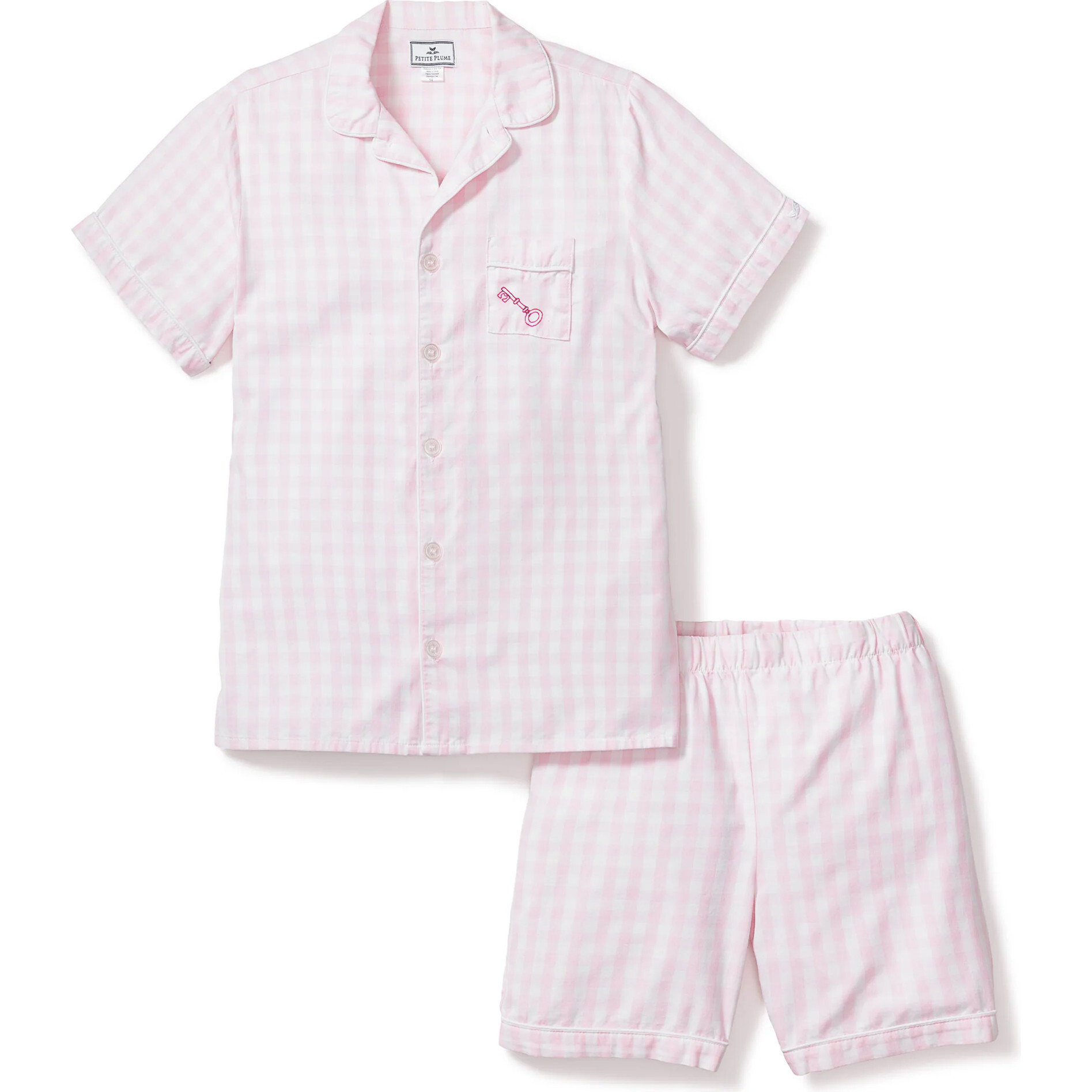 Petite Plume x Masionette Key To My Heart Embroidery PJ Short Set, Pink Gingham - Pajamas - 1
