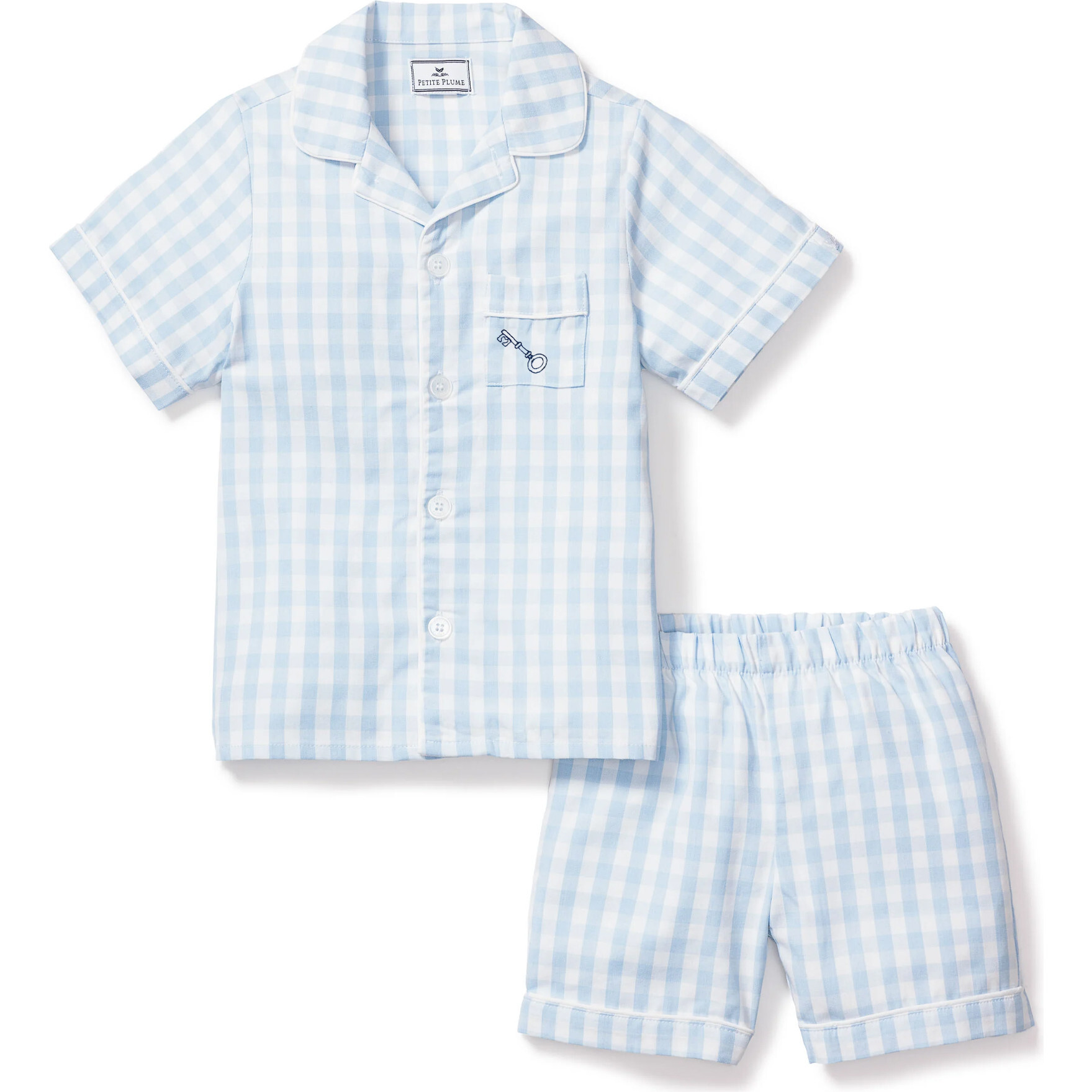 Petite Plume x Masionette Key To My Heart Embroidery PJ  Short Set, Light Blue Gingham - Pajamas - 1