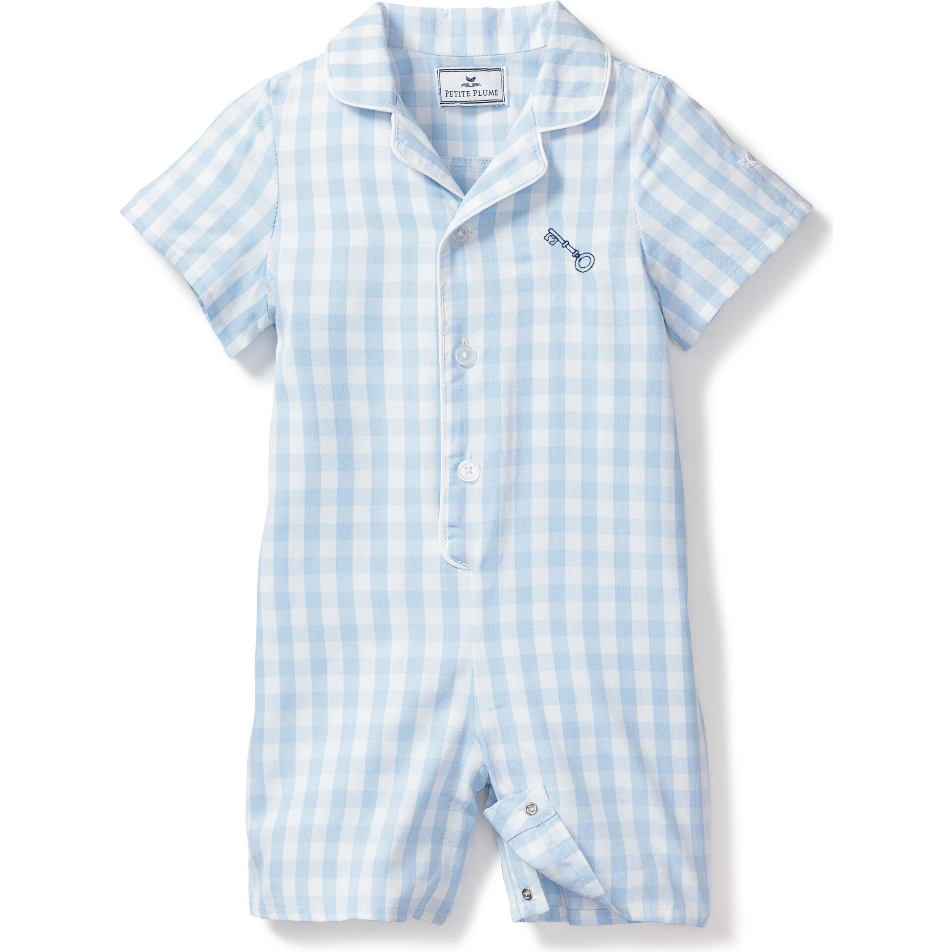 Petite Plume x Masionette Key To My Heart Embroidery Romper, Light Blue Gingham - Rompers - 1