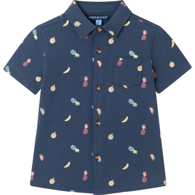 Kids Fruit Print Knit Buttondown, Navy Blue