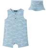 Infant Blue Linen Woven Romper & Hat, Shark Print - Rompers - 1 - thumbnail