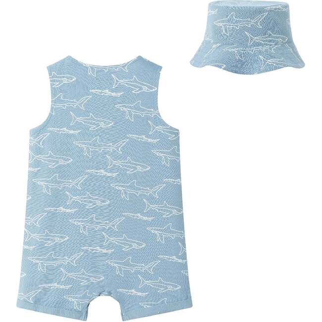 Infant Blue Linen Woven Romper & Hat, Shark Print - Rompers - 2
