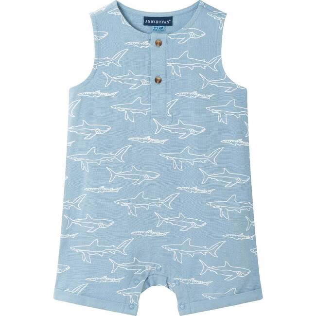 Infant Blue Linen Woven Romper & Hat, Shark Print - Rompers - 4