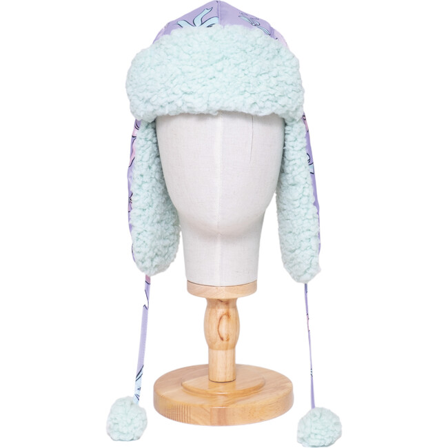The Cozy Trapper Hat, Bows Print with Pale Aqua Sherpa Liner & Pompoms