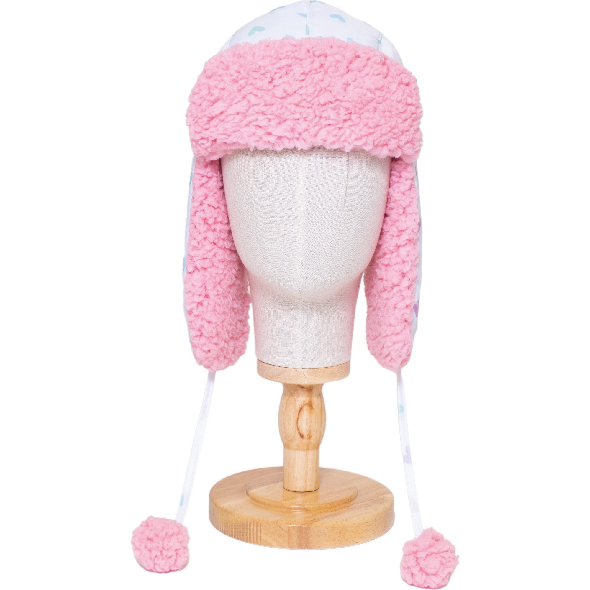 The Cozy Trapper Hat,Hearts Print with Cosmos Pink Sherpa Liner & Pompoms - Hats - 1