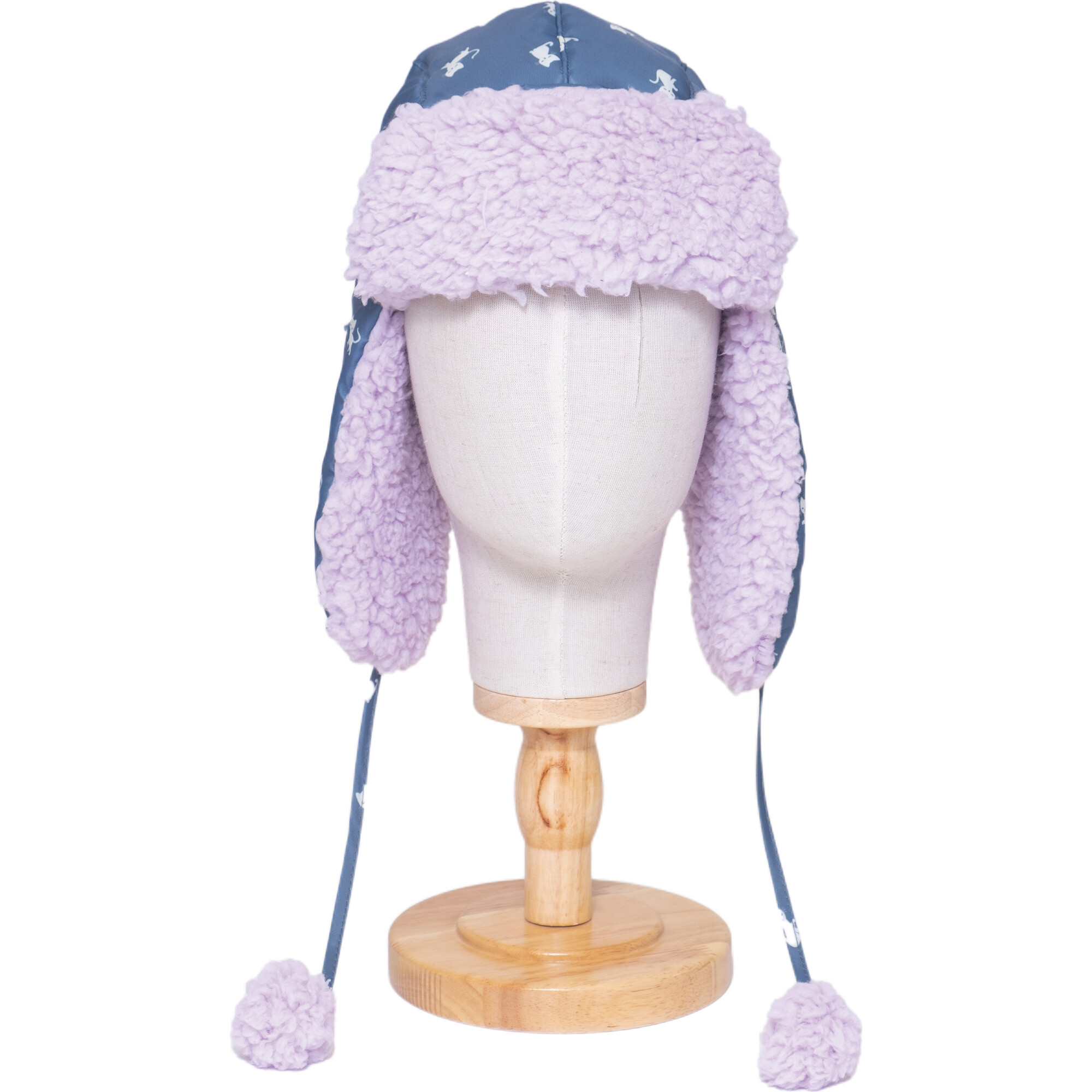 The Cozy Trapper Hat, Kittens Print with Orchid Sherpa Liner & Pompoms - Hats - 1