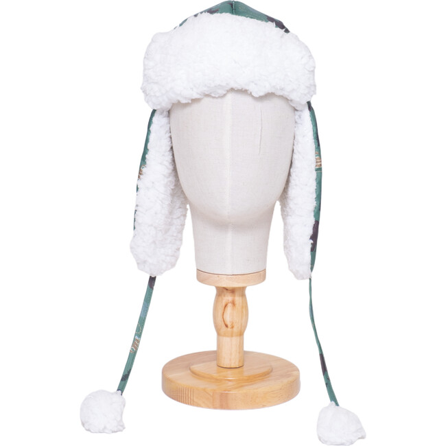 The Cozy Trapper Hat, Camping Trails Print with Coconut White Sherpa Liner & Pompoms