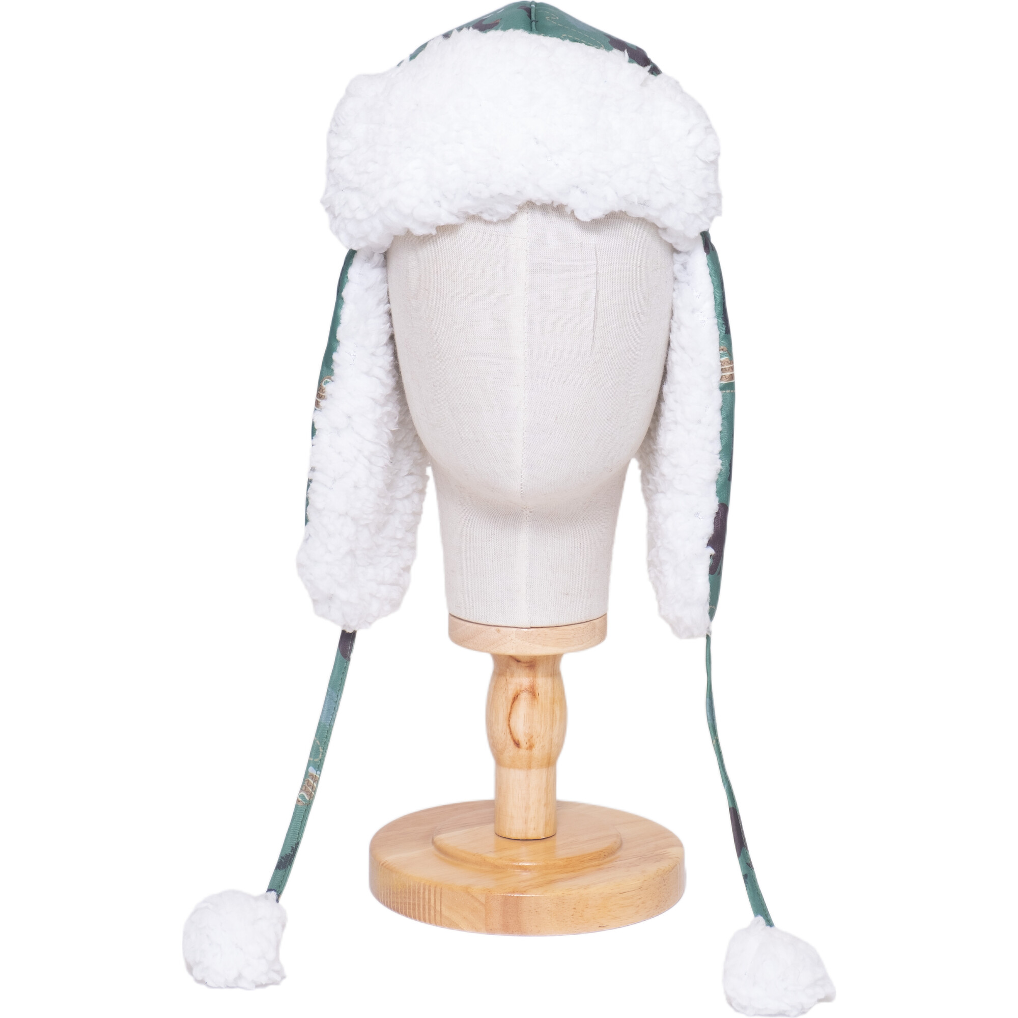 The Cozy Trapper Hat, Camping Trails Print with Coconut White Sherpa Liner & Pompoms - Hats - 1