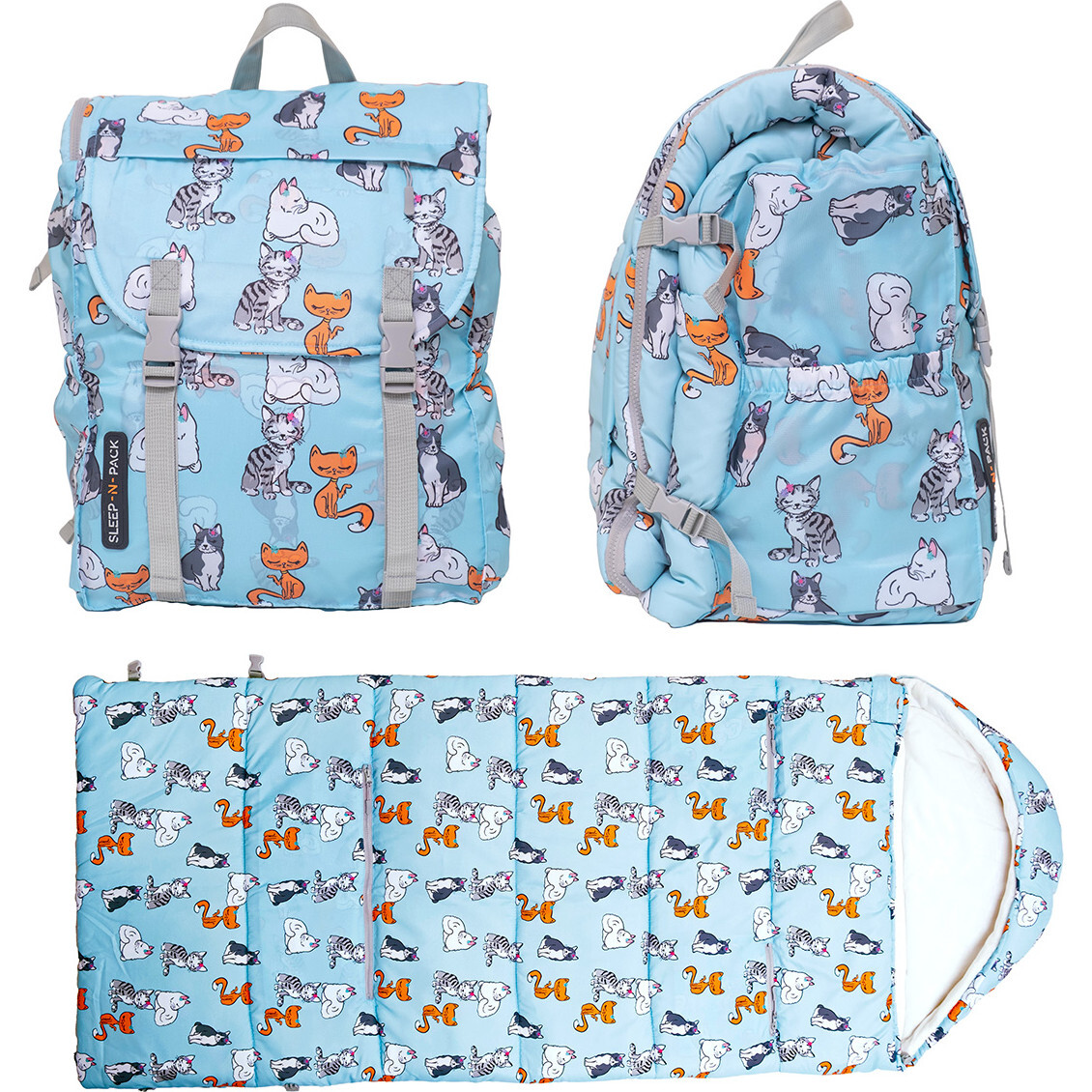 Sleep-N-Pack™ Big Kid Sleeping Bag Backpack, Sweet Cats - Hats - 1