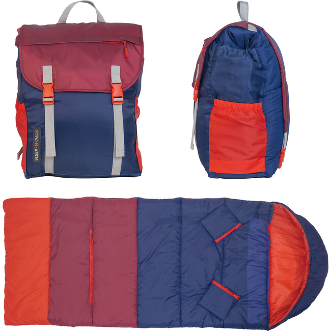 Sleep-N-Pack™ Big Kid Size Sleeping Bag Backpack, Color Block Camp Collection: Navy, Fiery Red & Mulberry