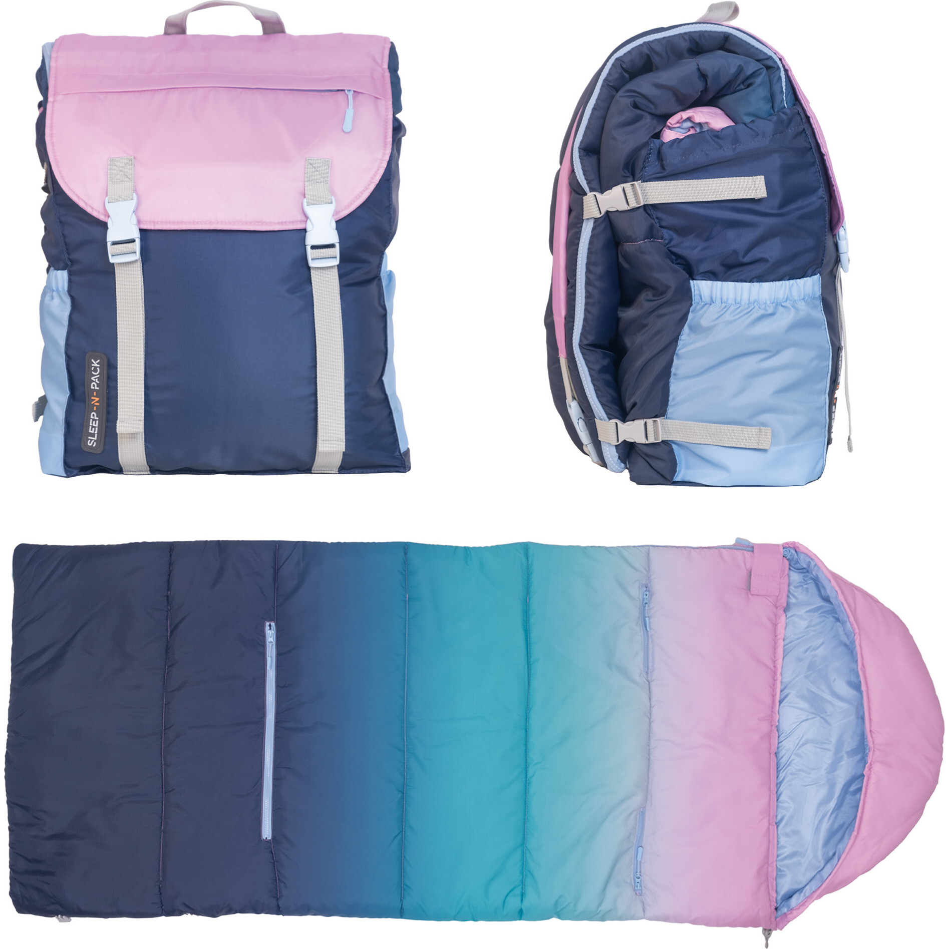 Sleep-N-Pack™ Big Kid Size Sleeping Bag Backpack, Color Block Camp Collection: Blue Ombre - Hats - 1
