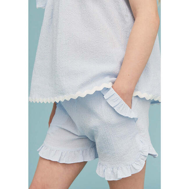 Seersucker Girl Frill Shorts, Light Blue - Blouses - 2