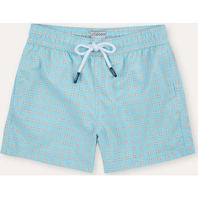 Boy's Swim Shorts, Turquoise Geo - Swim Trunks - 1