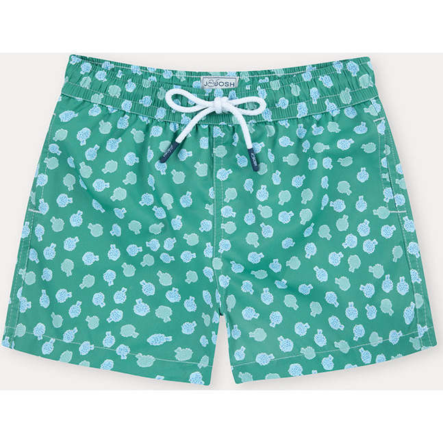 Boy's Swim Shorts, Green Puffer Fish - Swim Trunks - 1